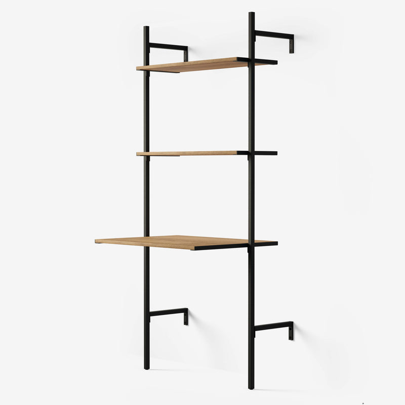 Solution de rangement minimlaiste noire 1 colonne avec deux étagères et un bureau en chêne classique