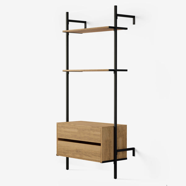Penderie ouverte minimaliste en acier noir avec deux étagères et une commode en chêne classique