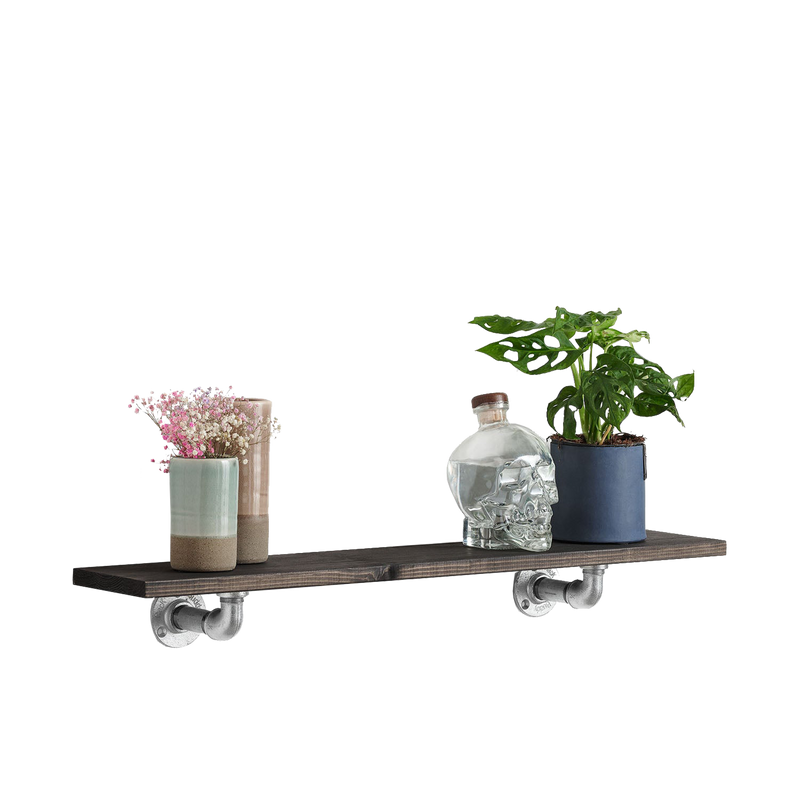 Petite étagère pin foncé avec supports industriels argentés pour ranger tasses, verres, cadres, plantes, vases