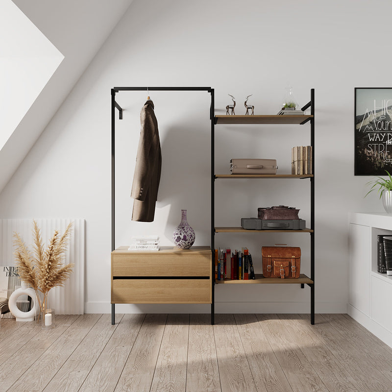 Dressing ouvert minimaliste noir avec commode integrée et 4 étagères plafond sous pente