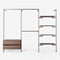 Solution de rangement Rackbuddy Walk-In en fer argenté composée de rails, d'étagères et d'une commode en chêne fumé