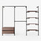 Solution de rangement Rackbuddy Walk-In en fer noir composée de rails, d'étagères et d'une commode en chêne fumé