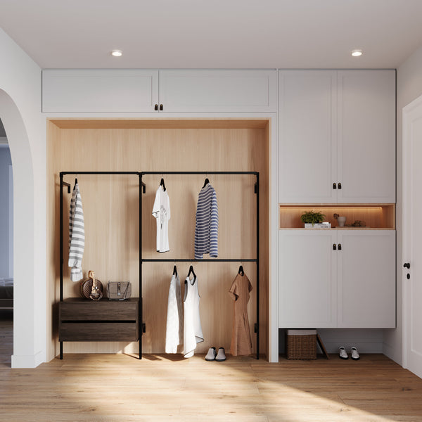 Dressing ouvert minimaliste noir avec commode integrée et double tringle à vêtements