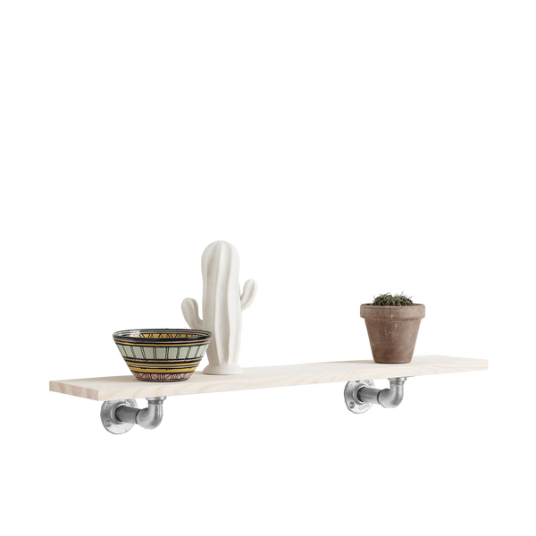 Petite étagère pin clair avec supports industriels argentés pour ranger tasses, verres, cadres, plantes, vases