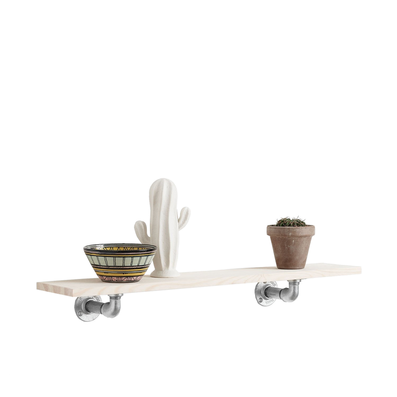 Petite étagère pin clair avec supports industriels argentés pour ranger tasses, verres, cadres, plantes, vases