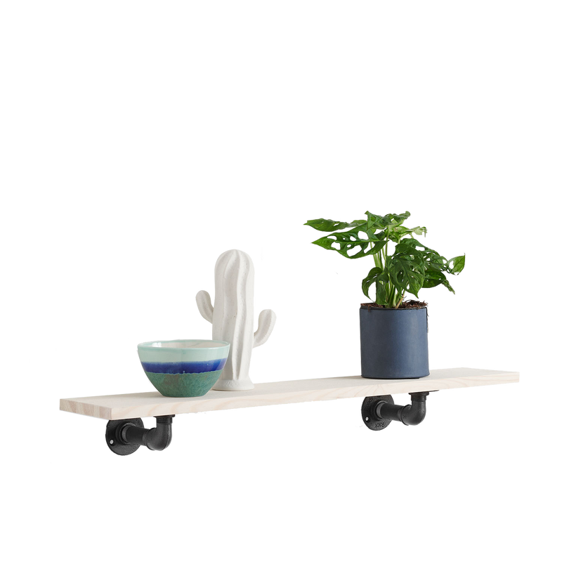 Petite étagère pin clair avec supports industriels  pour ranger tasses, verres, cadres, plantes, vases