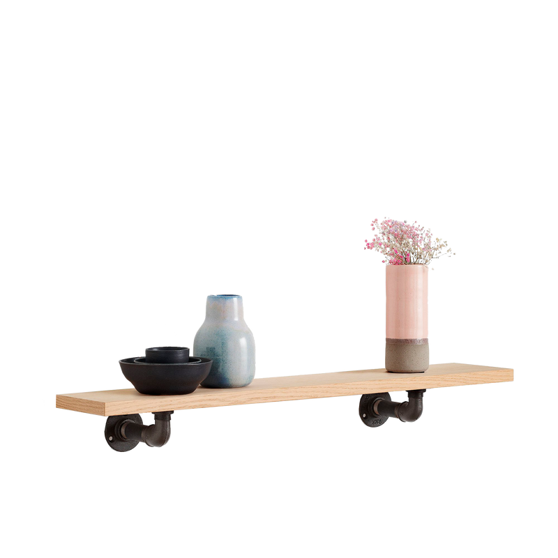 Petite étagère chêne classique avec supports industriels pour ranger tasses, verres, cadres, plantes, vases