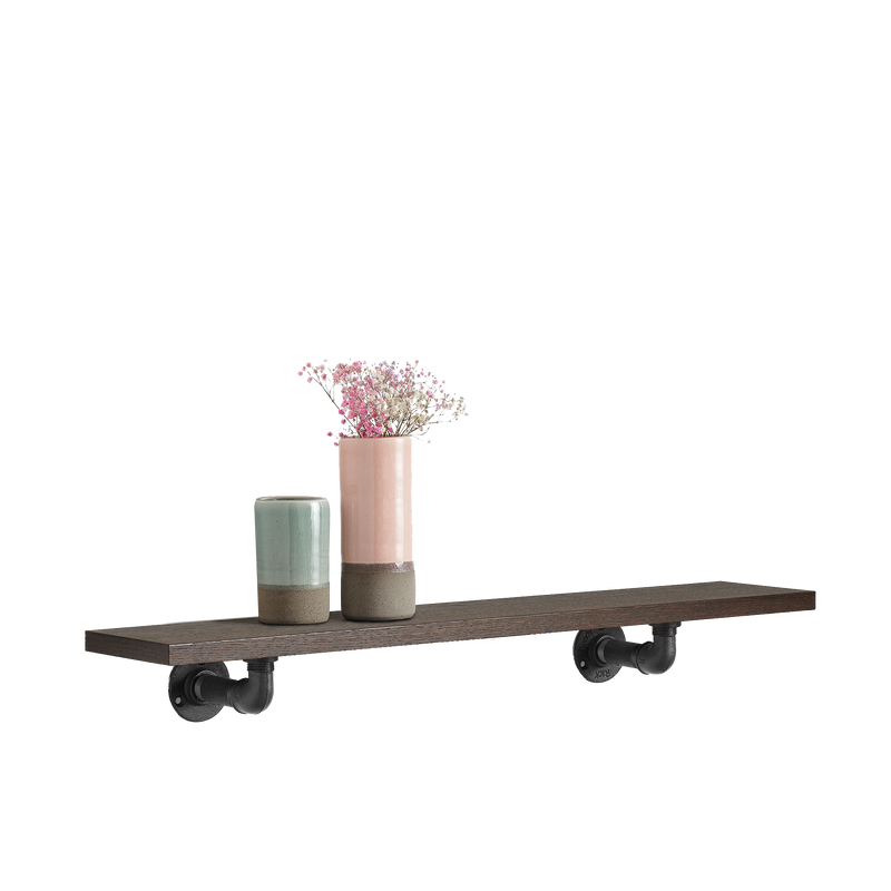 Petite étagère chêne fumé avec supports industriels pour ranger tasses, verres, cadres, plantes, vases